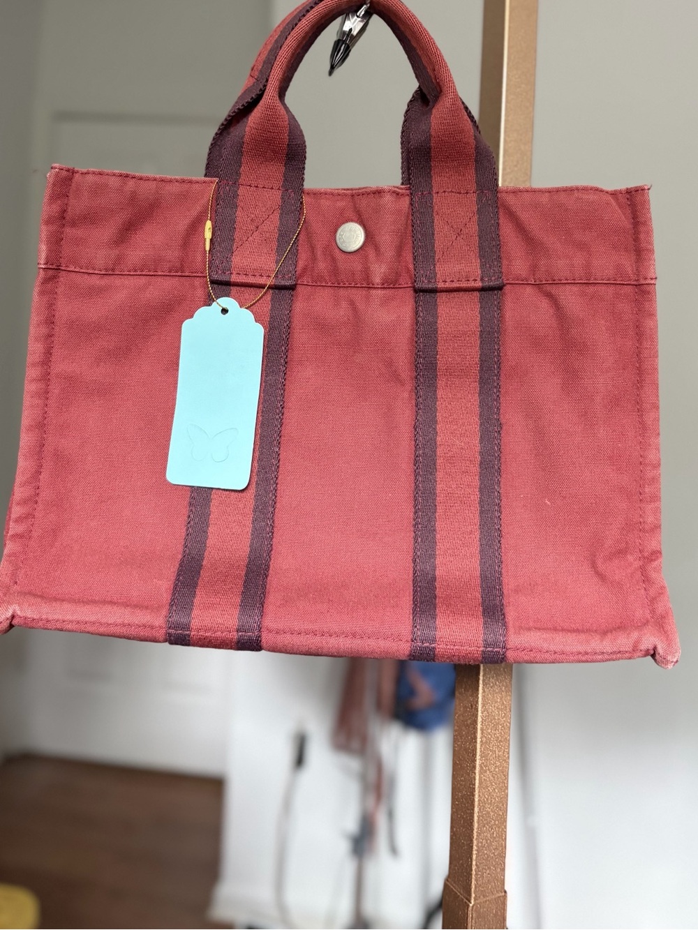 HERMES Small Canvas Tote Bag in Brick Red with Dark Stripe